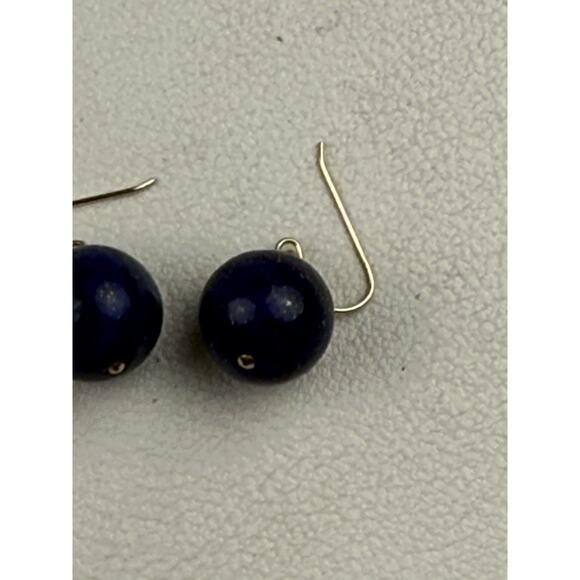 CU 14K Yellow Gold Hook Pierced Earrings Lapis Lazuli Round Drop Stone - Picture 4 of 10